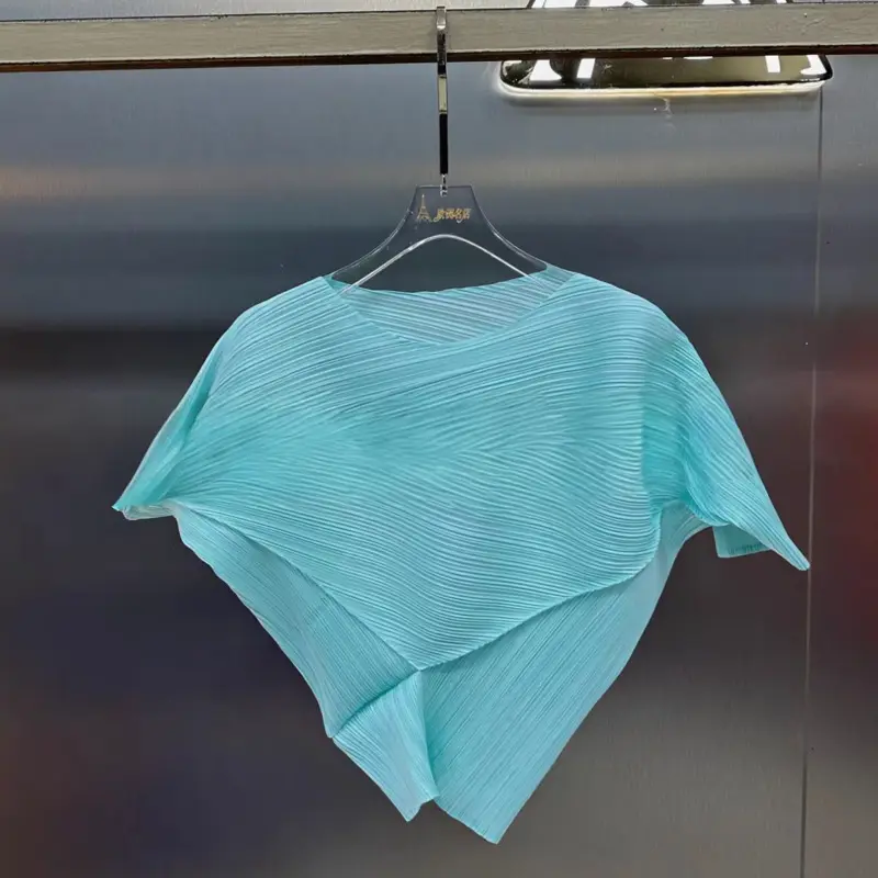 LANMREM Chic New Women's Pleated T-shirt Short Sleeve Waist-Cinching Three-Dimensional Irregular Triangle Design Tee Top 2DB3904