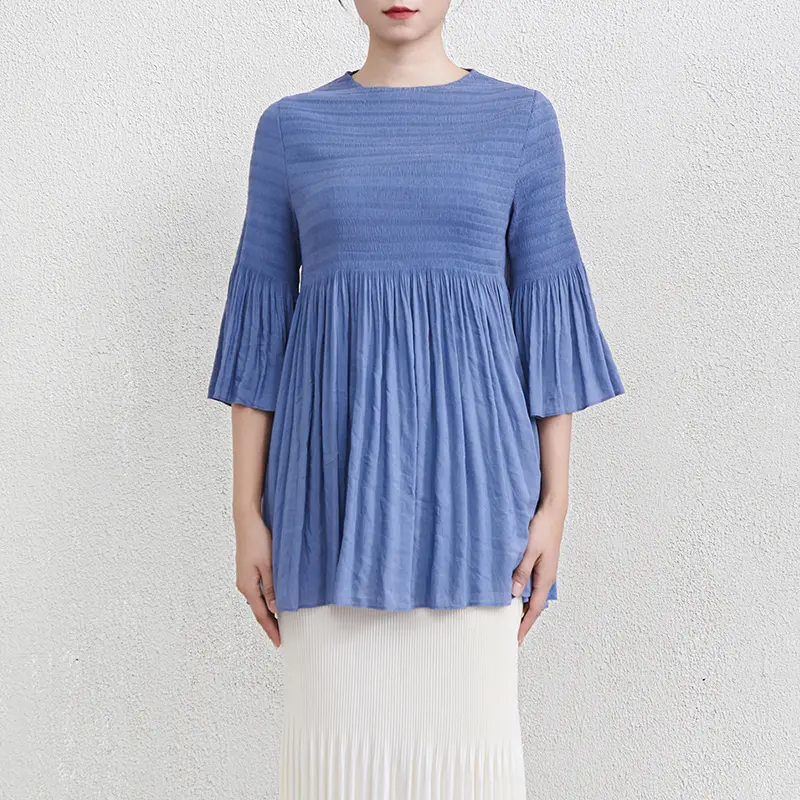 LANMREM Chic Breathable New Fashion Lantern Sleeve Pleated Women's T-shirt Elastic Slim Waist Mid-Length Pullover Top 2DB3859