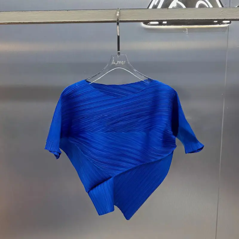 LANMREM Chic New Women's Pleated T-shirt Short Sleeve Waist-Cinching Three-Dimensional Irregular Triangle Design Tee Top 2DB3904