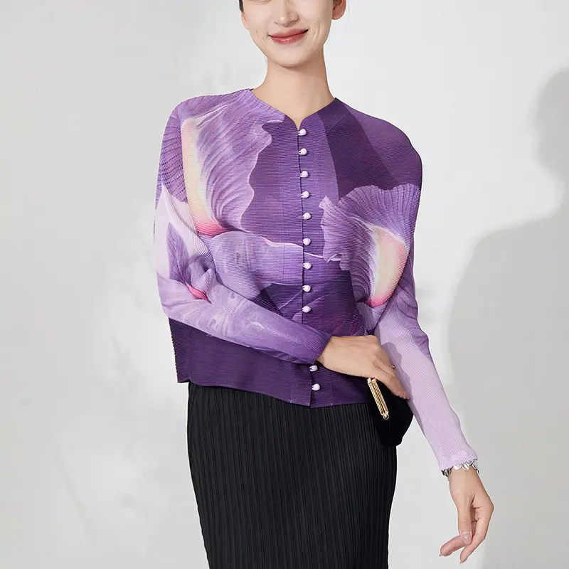 LANMREM High-End Purple Printting Women's Single Breasted T-shirt Batwing Sleeves Cardigan Short Top 2025 New Chic Tee 2DB3706