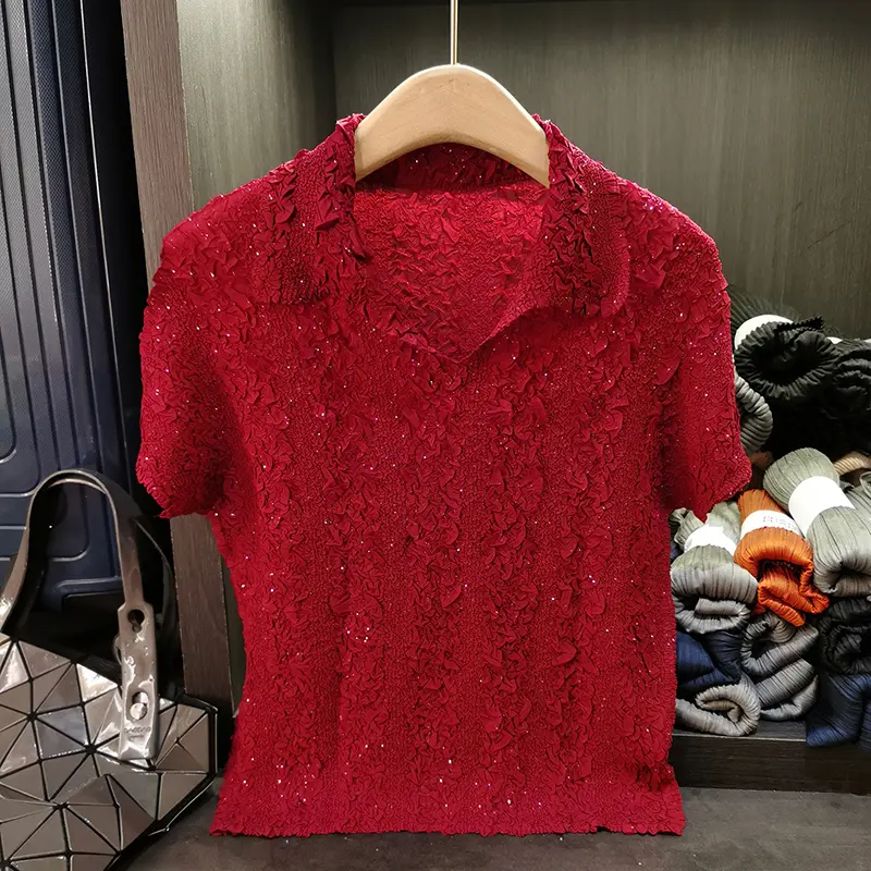 LANMREM Simple Pleated Turn Down Collar Short Sleeve Women's T-Shirt Summer New Versatile Elastic Slimming Pullover Top 2DB3680