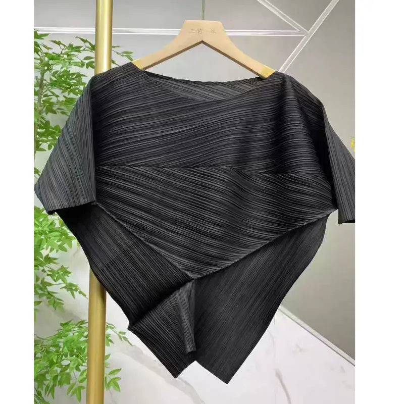 LANMREM Chic New Women's Pleated T-shirt Short Sleeve Waist-Cinching Three-Dimensional Irregular Triangle Design Tee Top 2DB3904