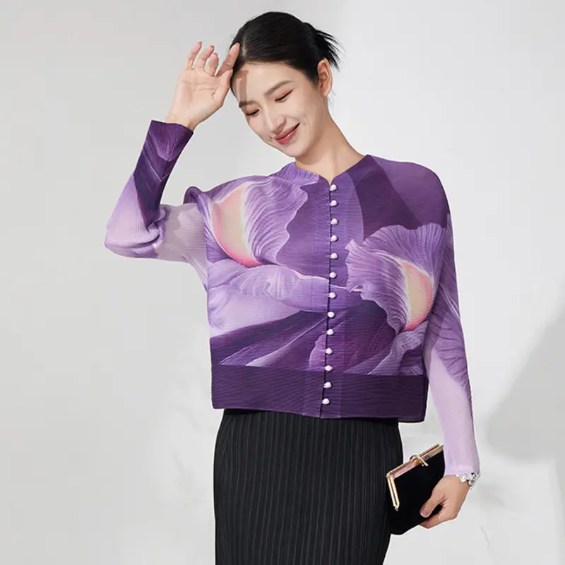 LANMREM High-End Purple Printting Women's Single Breasted T-shirt Batwing Sleeves Cardigan Short Top 2025 New Chic Tee 2DB3706
