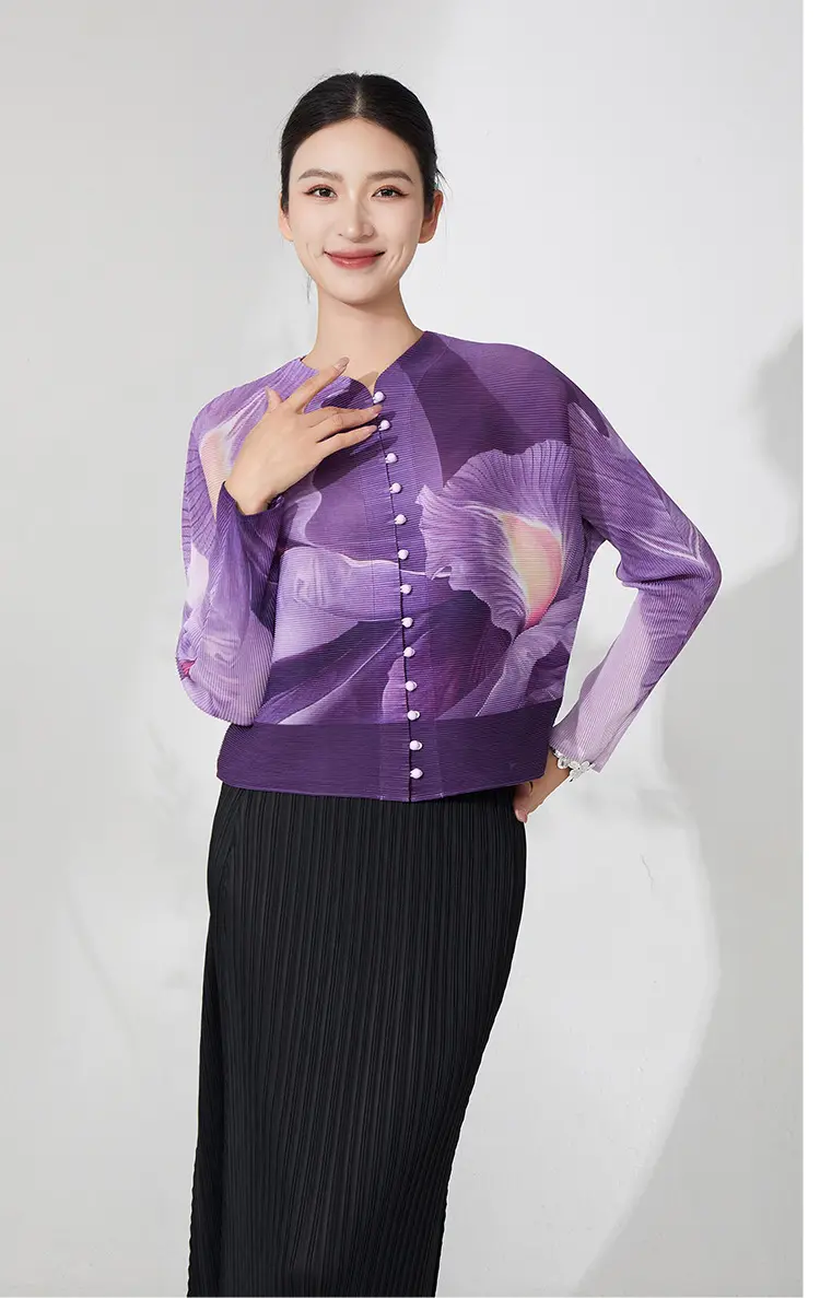 LANMREM High-End Purple Printting Women's Single Breasted T-shirt Batwing Sleeves Cardigan Short Top 2025 New Chic Tee 2DB3706