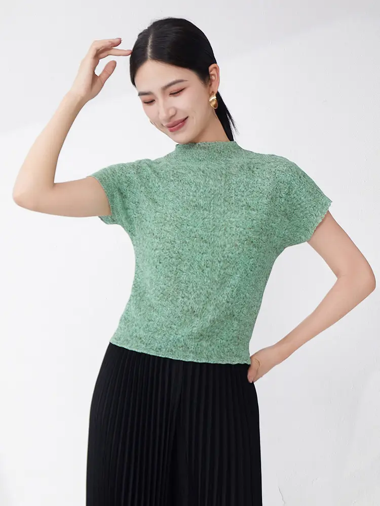LANMREM Niche Design Green Stand Collar Pleated Short Sleeved Women's T-shirt High Elasticity Slim Pullover Top 2025 New 2DB3473