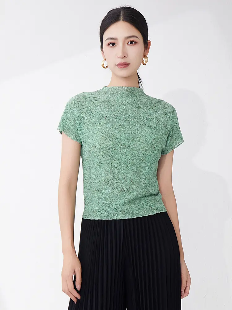 LANMREM Niche Design Green Stand Collar Pleated Short Sleeved Women's T-shirt High Elasticity Slim Pullover Top 2025 New 2DB3473