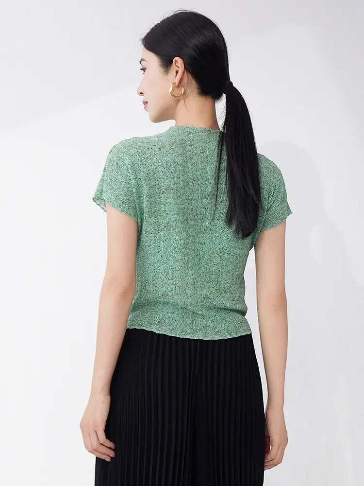 LANMREM Niche Design Green Stand Collar Pleated Short Sleeved Women's T-shirt High Elasticity Slim Pullover Top 2025 New 2DB3473