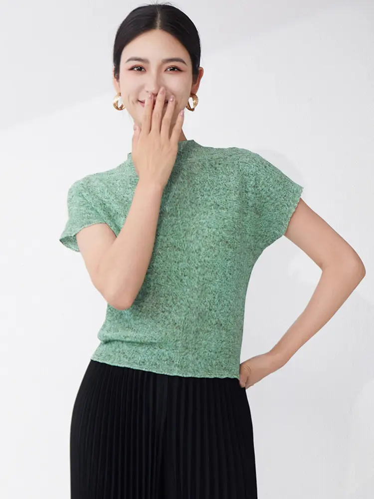 LANMREM Niche Design Green Stand Collar Pleated Short Sleeved Women's T-shirt High Elasticity Slim Pullover Top 2025 New 2DB3473