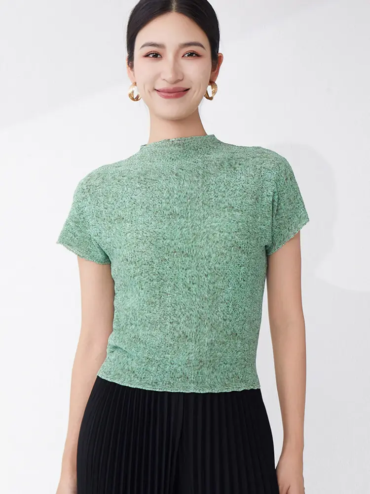 LANMREM Niche Design Green Stand Collar Pleated Short Sleeved Women's T-shirt High Elasticity Slim Pullover Top 2025 New 2DB3473