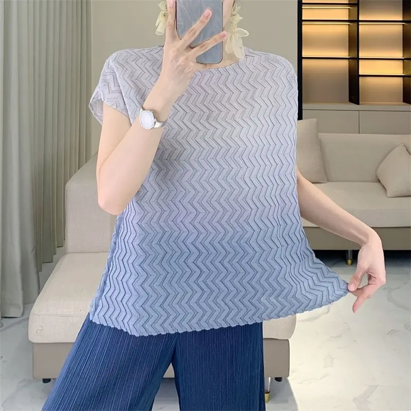 LANMREM Simple Gradient Wave Loose Women's T-shirt Casual Round Neck Summer New Short Sleeve Fashion Pullover Tee Top 2DB4052