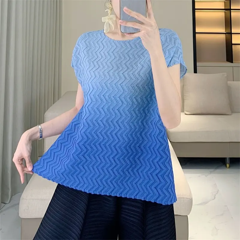 LANMREM Simple Gradient Wave Loose Women's T-shirt Casual Round Neck Summer New Short Sleeve Fashion Pullover Tee Top 2DB4052