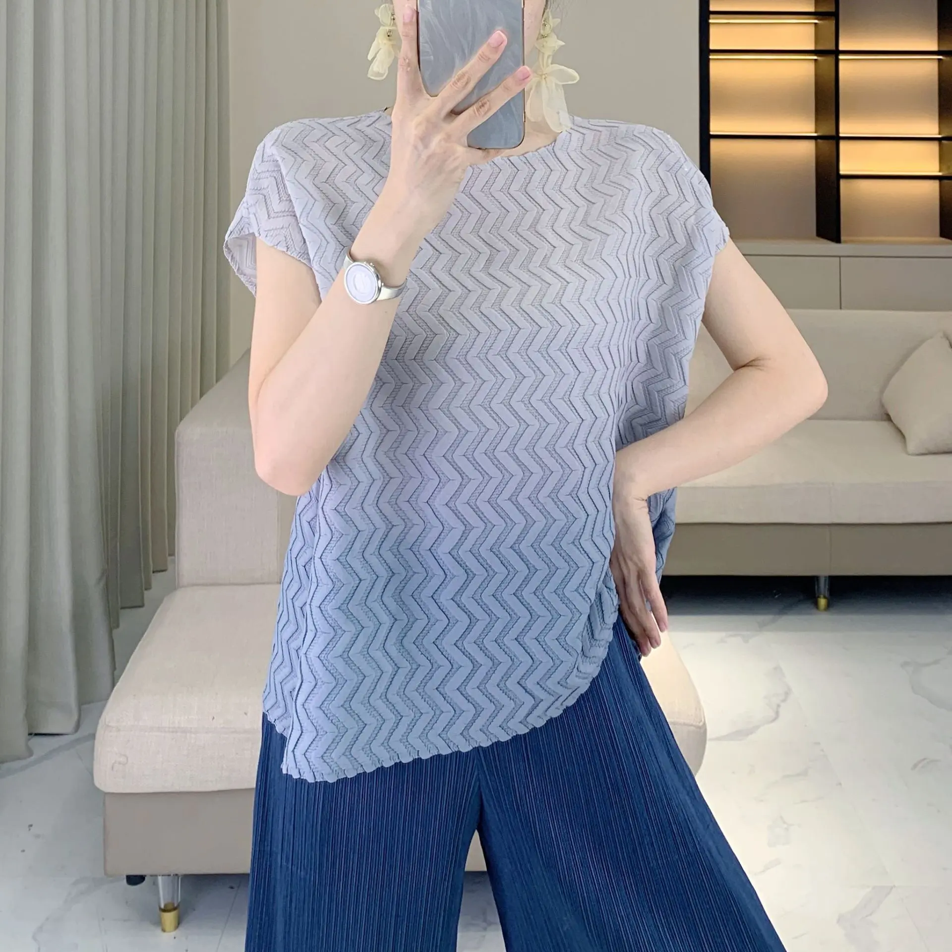 LANMREM Simple Gradient Wave Loose Women's T-shirt Casual Round Neck Summer New Short Sleeve Fashion Pullover Tee Top 2DB4052