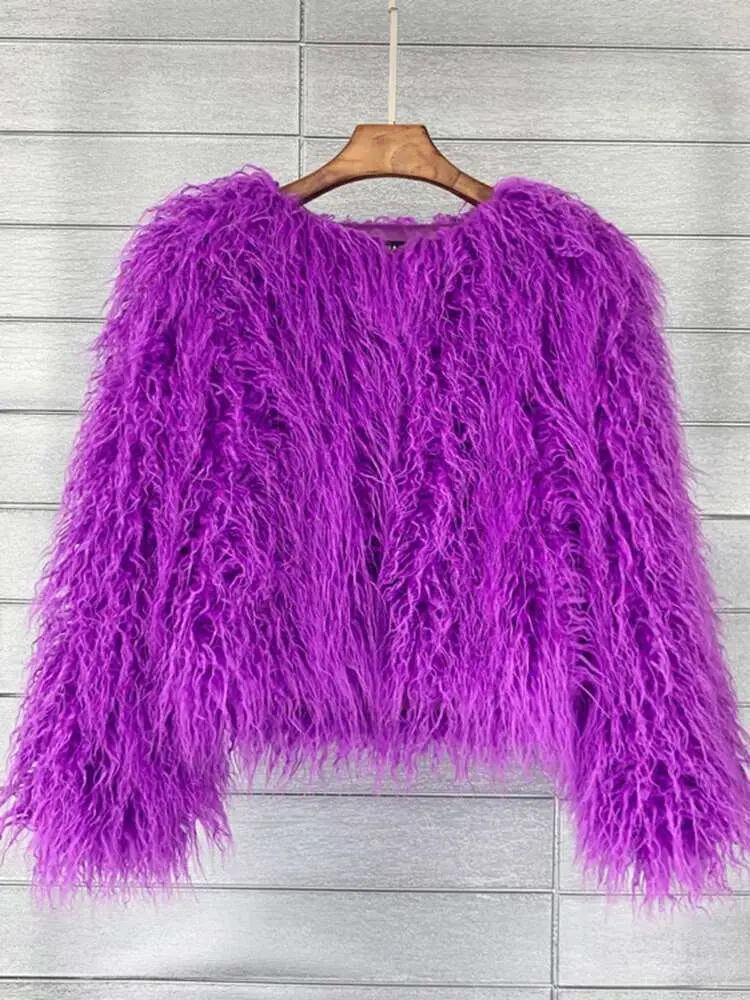 LANMREM Fashion Imitation Fur Coat Women's O-neck Long Sleeves Bright Color Elegant Coats Party Clothes Autumn Winter New 2Z2561
