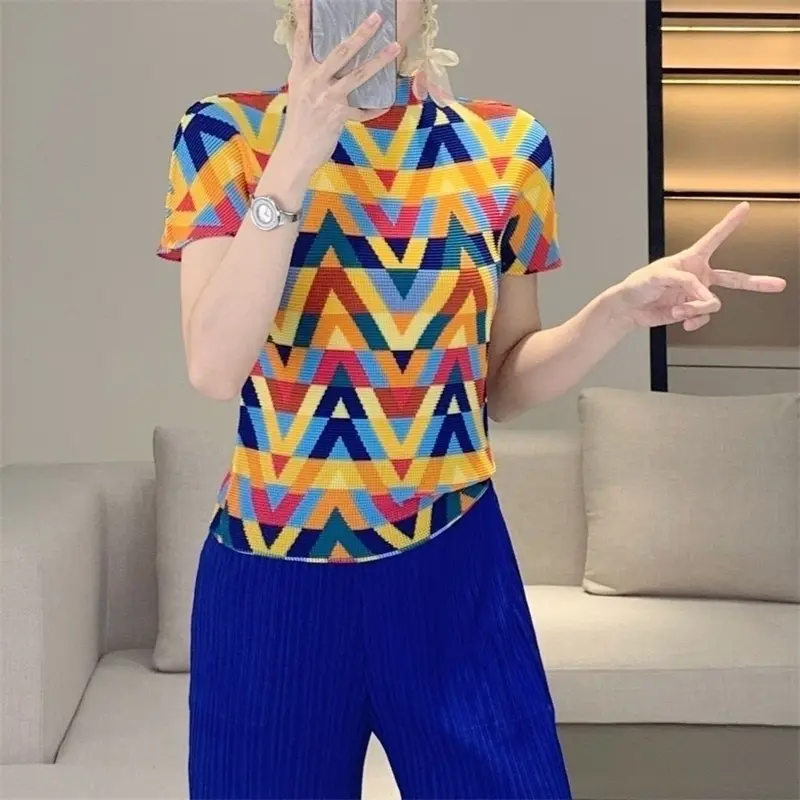 LANMREM High Quality Colorful Striped Short Sleeve Top For Women Elastic Slim Casual Versatile Stand Collar T-shirt 2DB4188