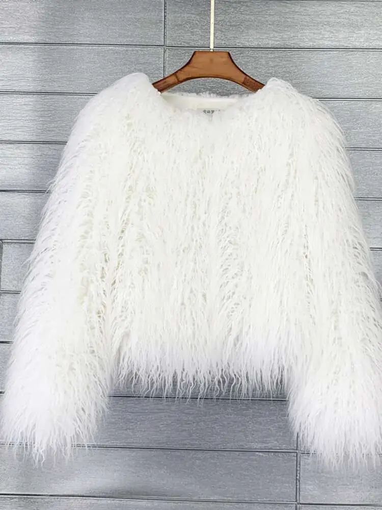 LANMREM Fashion Imitation Fur Coat Women's O-neck Long Sleeves Bright Color Elegant Coats Party Clothes Autumn Winter New 2Z2561