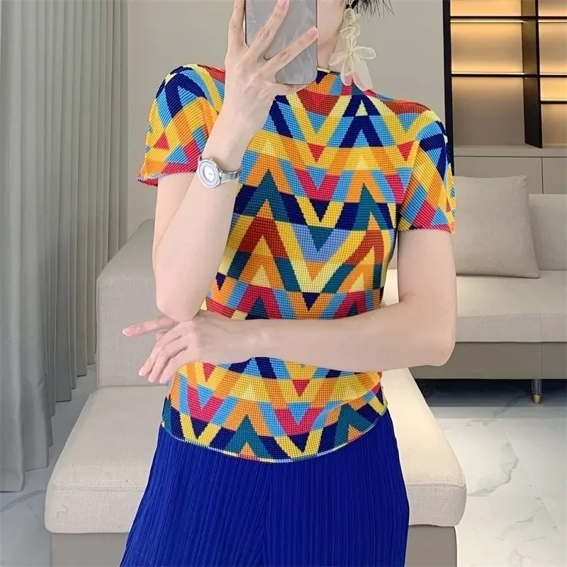 LANMREM High Quality Colorful Striped Short Sleeve Top For Women Elastic Slim Casual Versatile Stand Collar T-shirt 2DB4188