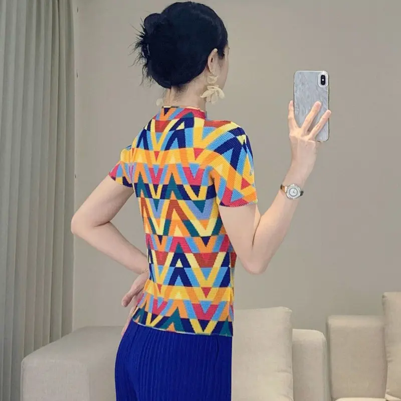 LANMREM High Quality Colorful Striped Short Sleeve Top For Women Elastic Slim Casual Versatile Stand Collar T-shirt 2DB4188