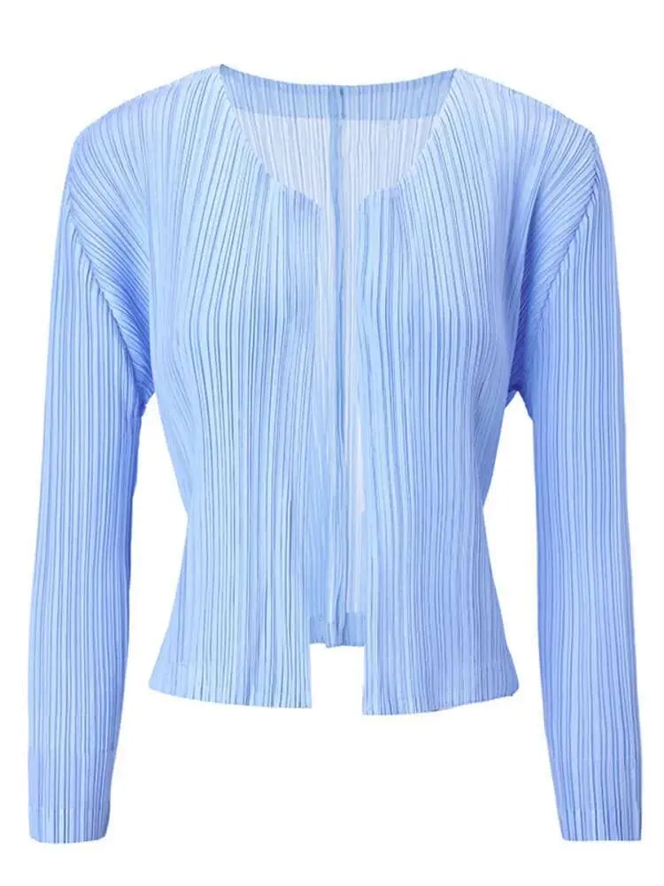 LANMREM Blue Pleated Cardigan Coat For Women V Collar Long Sleeve Short Jackets Lightweight Summer Sun-proof Clothing 2DB3151
