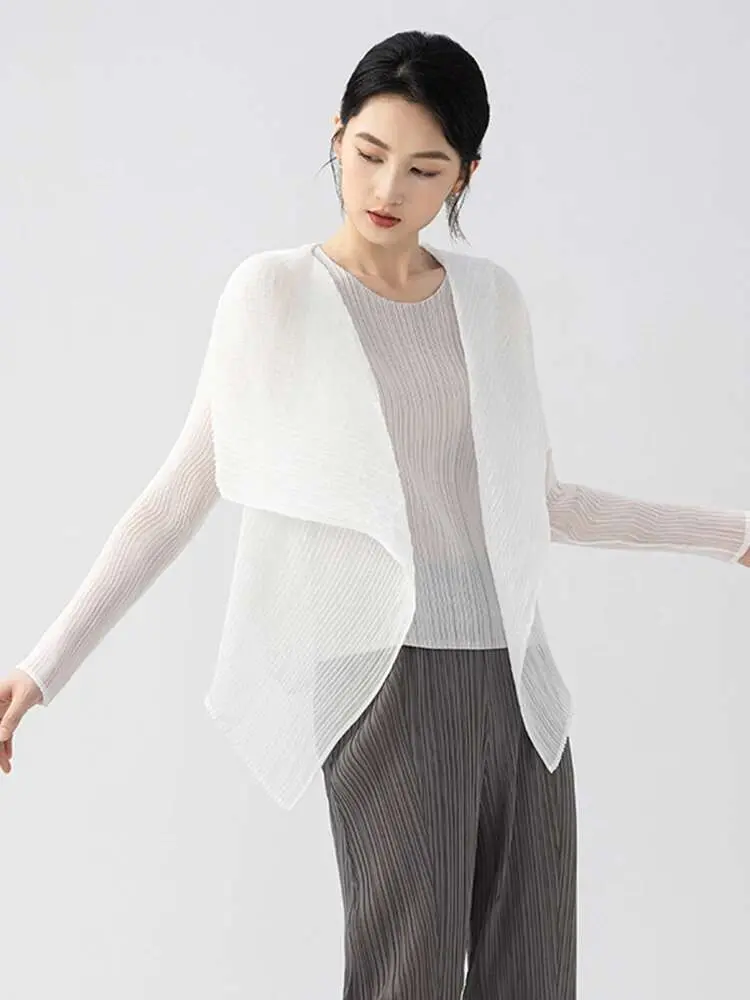 LANMREM Nihce Pleated Sunscreen Cardigan Coat For Women 2025 New Summer Fashion Lightweight Lapel Long Sleeve Clothes 2DB3155