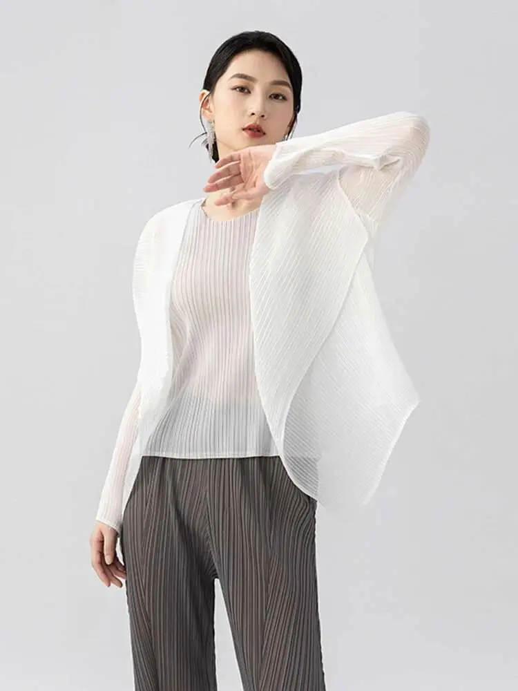 LANMREM Nihce Pleated Sunscreen Cardigan Coat For Women 2025 New Summer Fashion Lightweight Lapel Long Sleeve Clothes 2DB3155