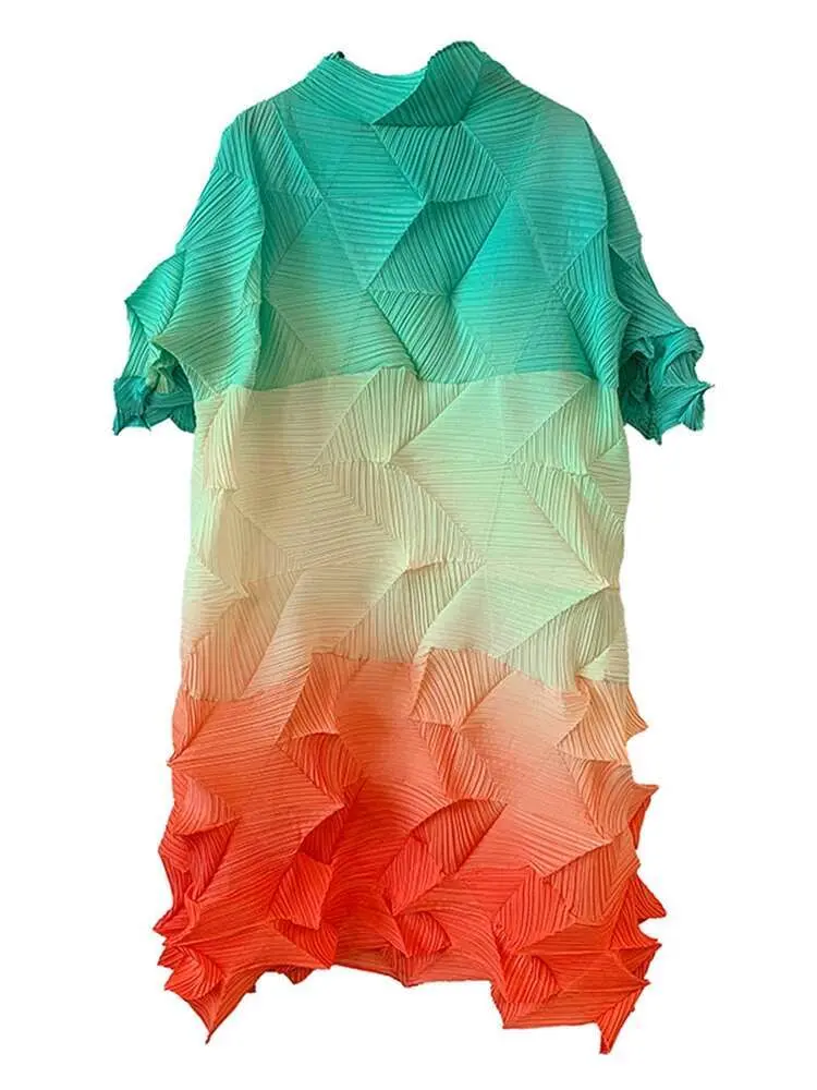 LANMREM Pleated Long Dress Women Turtleneck Color Block Fold Loose Dresses Female Elegant Clothing 2025 Spring Summer New 2M523