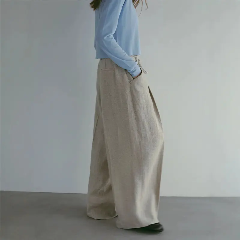 LANMREM Loose Fit Elegant High Waist Tie Design Women's Wide Leg Pants Casual High Quality Long Trousers 2025 Chic New 2DB3855