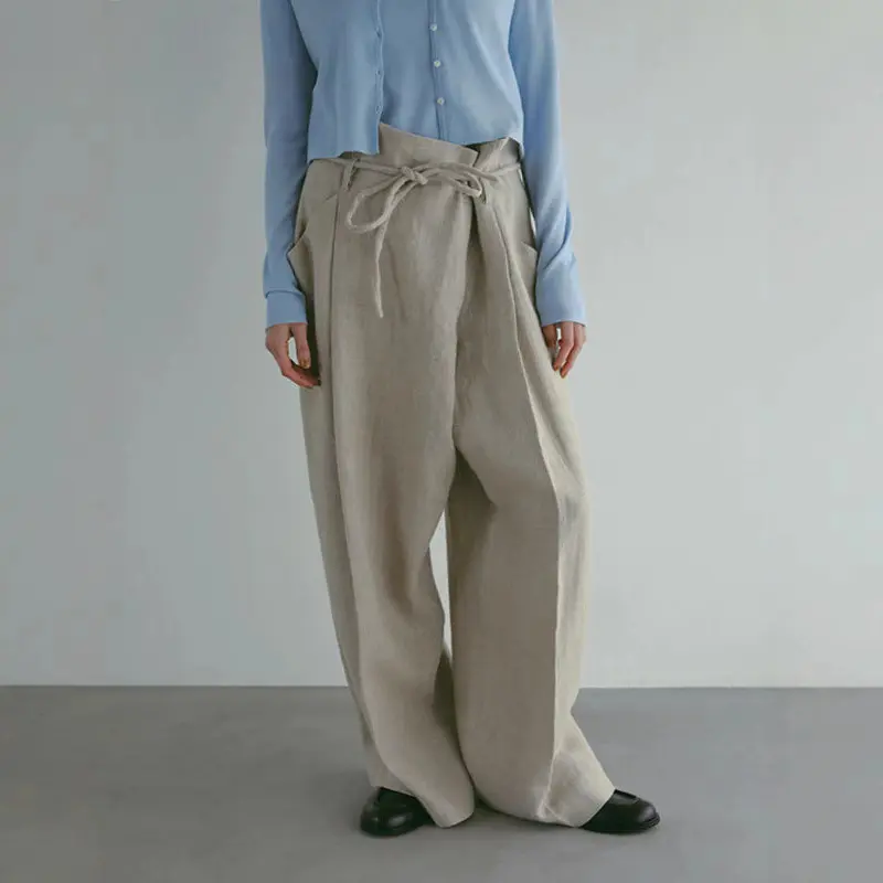 LANMREM Loose Fit Elegant High Waist Tie Design Women's Wide Leg Pants Casual High Quality Long Trousers 2025 Chic New 2DB3855