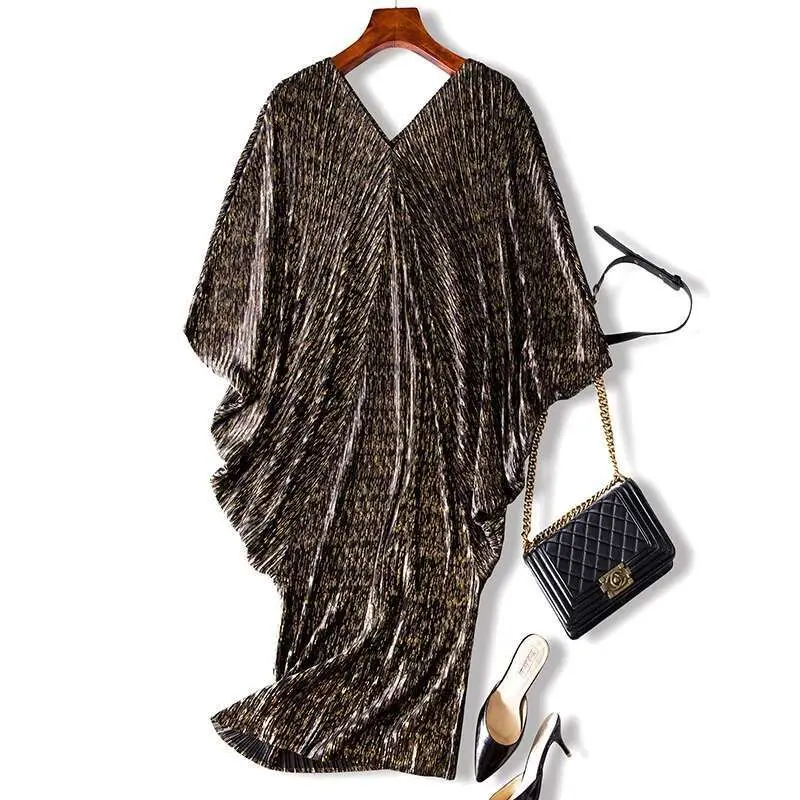 LANMREM 2025 High Quality New Fashion V Collar Pleats Batwing Sleeve Loose Dress For Women Print Clothing Vestido YE853
