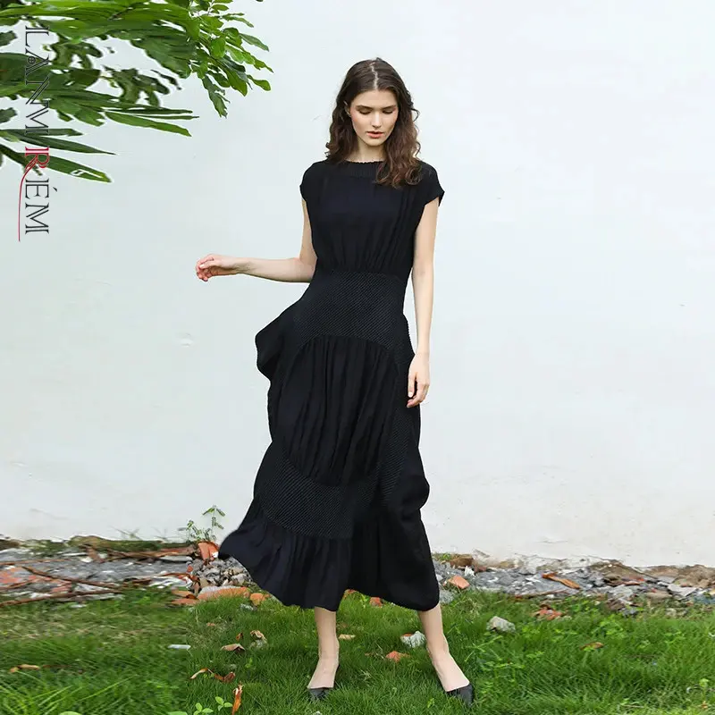 LANMREM High-end Silk Cotton Patchwork Irregular Women's Black Dress Niche Chic Pleated Design High-waisted Clothing 2DB4156