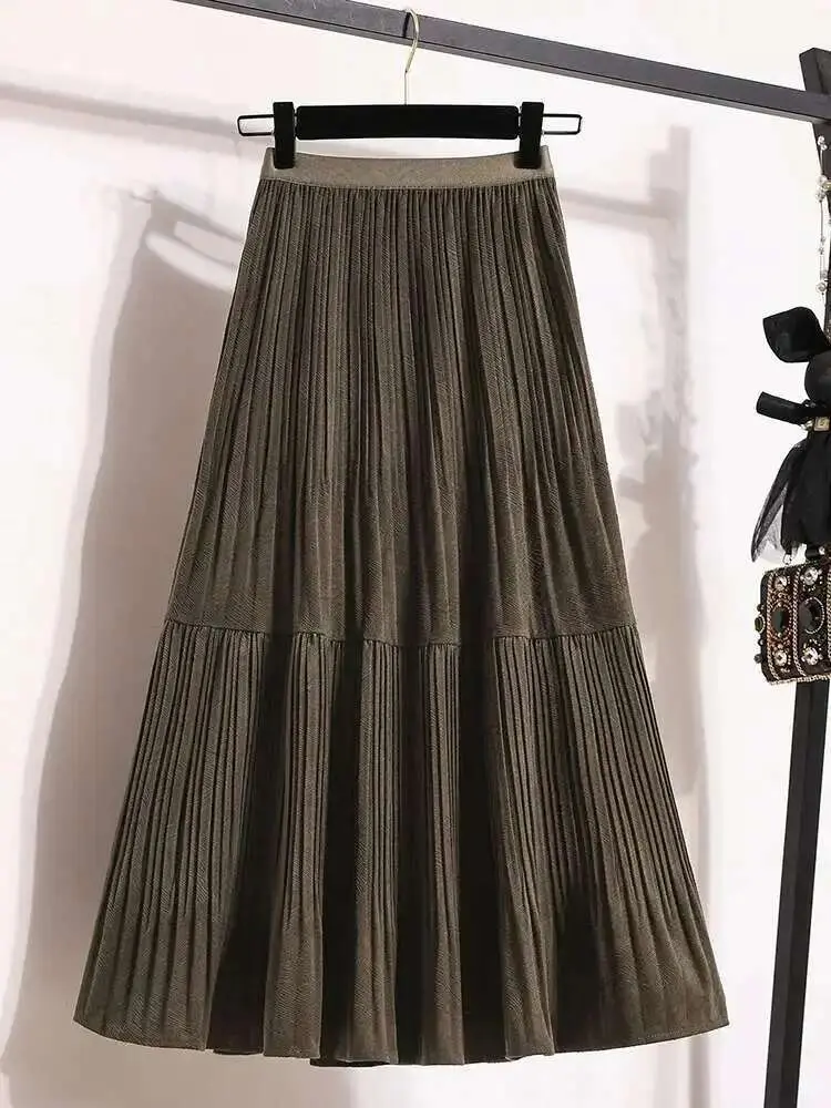 LANMREM Velvet Skirt Winter Korean Style Umbrella Skirt Folded High Waist Fashion Medium Long Big Swing A-line Skirts 2DB1561