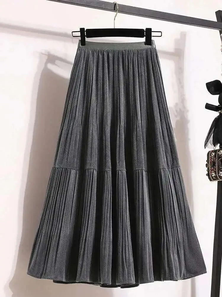 LANMREM Velvet Skirt Winter Korean Style Umbrella Skirt Folded High Waist Fashion Medium Long Big Swing A-line Skirts 2DB1561