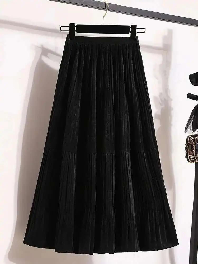LANMREM Velvet Skirt Winter Korean Style Umbrella Skirt Folded High Waist Fashion Medium Long Big Swing A-line Skirts 2DB1561