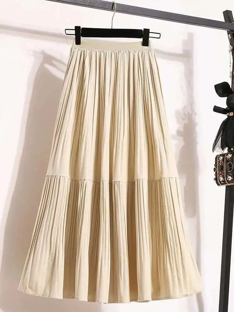 LANMREM Velvet Skirt Winter Korean Style Umbrella Skirt Folded High Waist Fashion Medium Long Big Swing A-line Skirts 2DB1561