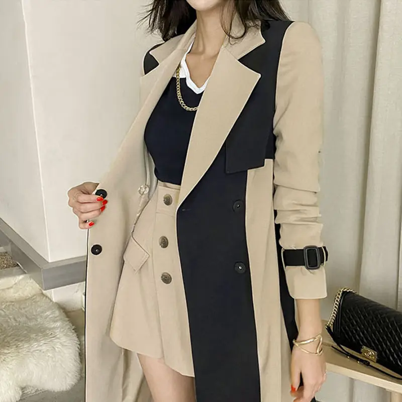 LANMREM Elegant Notched Collar Lady Patchwork Windbreaker Full Sleeve Buttons Belted Women Long Trench Coats 2025 Winter 2W1922