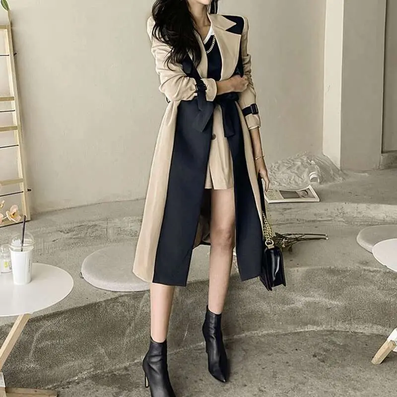 LANMREM Elegant Notched Collar Lady Patchwork Windbreaker Full Sleeve Buttons Belted Women Long Trench Coats 2025 Winter 2W1922