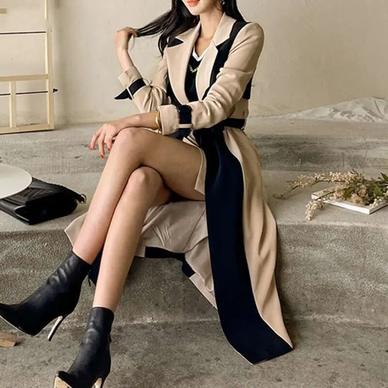 LANMREM Elegant Notched Collar Lady Patchwork Windbreaker Full Sleeve Buttons Belted Women Long Trench Coats 2025 Winter 2W1922
