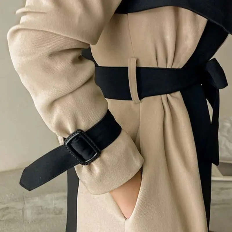LANMREM Elegant Notched Collar Lady Patchwork Windbreaker Full Sleeve Buttons Belted Women Long Trench Coats 2025 Winter 2W1922