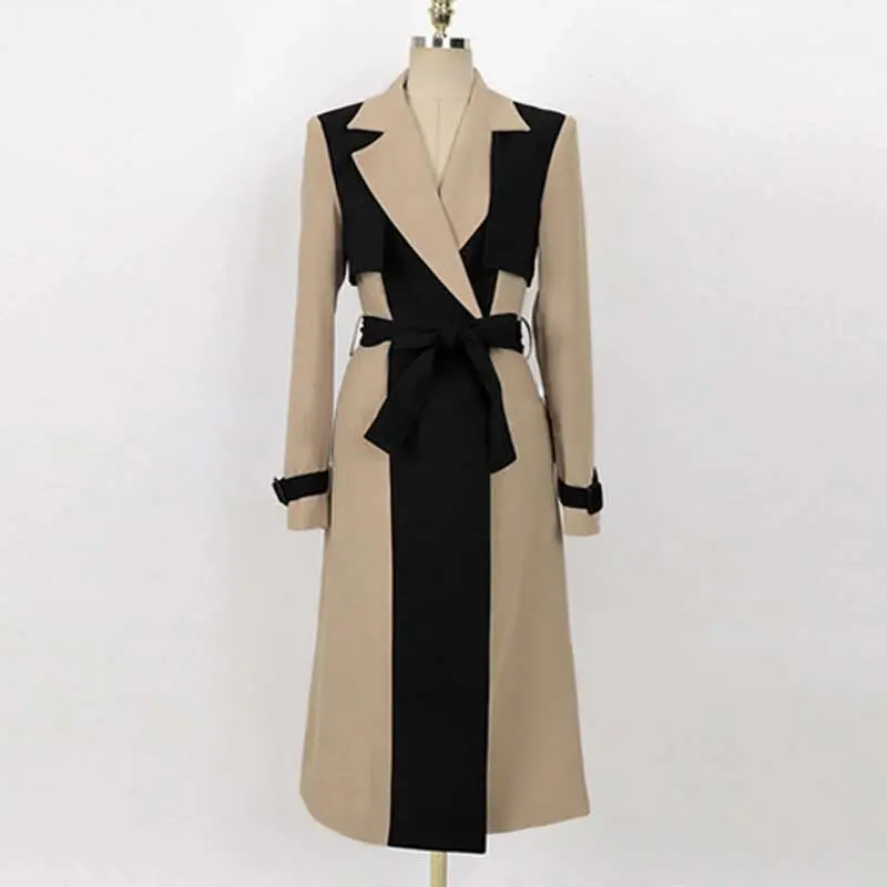 LANMREM Elegant Notched Collar Lady Patchwork Windbreaker Full Sleeve Buttons Belted Women Long Trench Coats 2025 Winter 2W1922