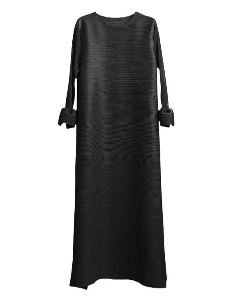 LANMREM Fashion Pleated Long Dress Women Round Neck A-line Solid Color Dresses Elegant Party 2023 Autumn New Clothing 2AA1969