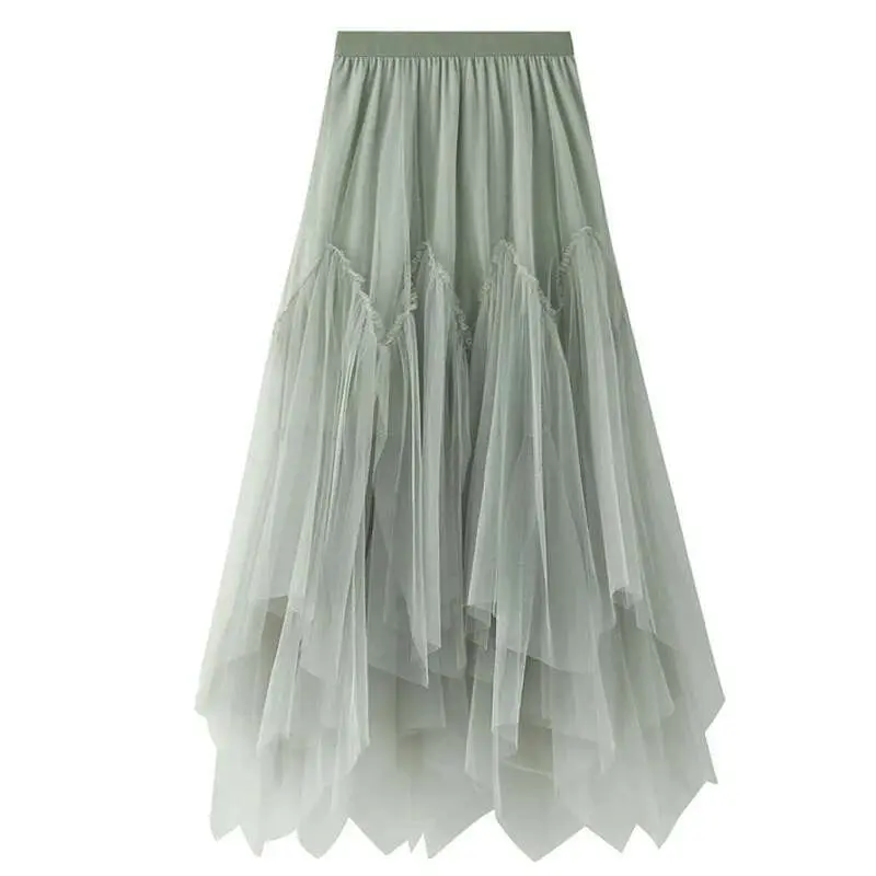 LANMREM 2025 Spring New Mid-length Solid Color A-line Puff Skirt Women Irregular Mesh Layers Cute Party Skirts 2J113