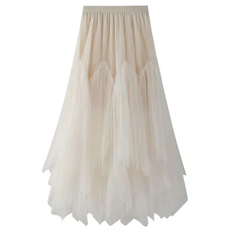 LANMREM 2025 Spring New Mid-length Solid Color A-line Puff Skirt Women Irregular Mesh Layers Cute Party Skirts 2J113