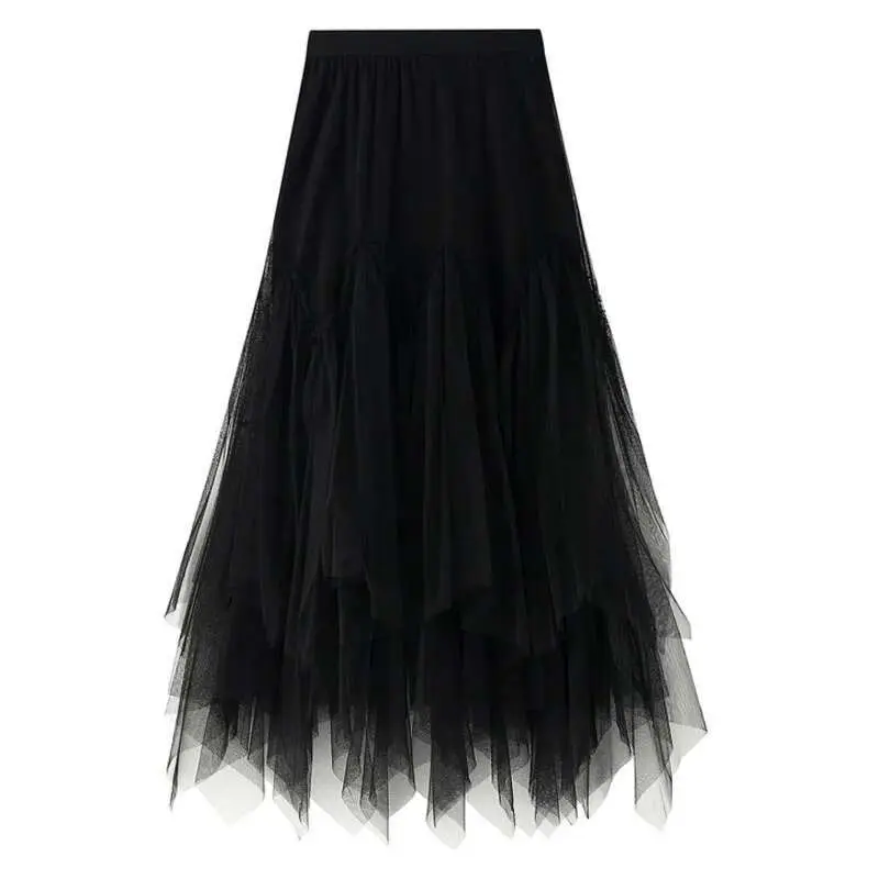 LANMREM 2025 Spring New Mid-length Solid Color A-line Puff Skirt Women Irregular Mesh Layers Cute Party Skirts 2J113