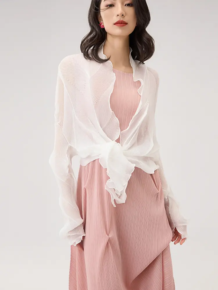 LANMREM Pleated Cardigan Top Women's New 2025 Summer Long Sleeve Semitransparent Sun Protection Shirt Chiffon Outer Cloth DB2830