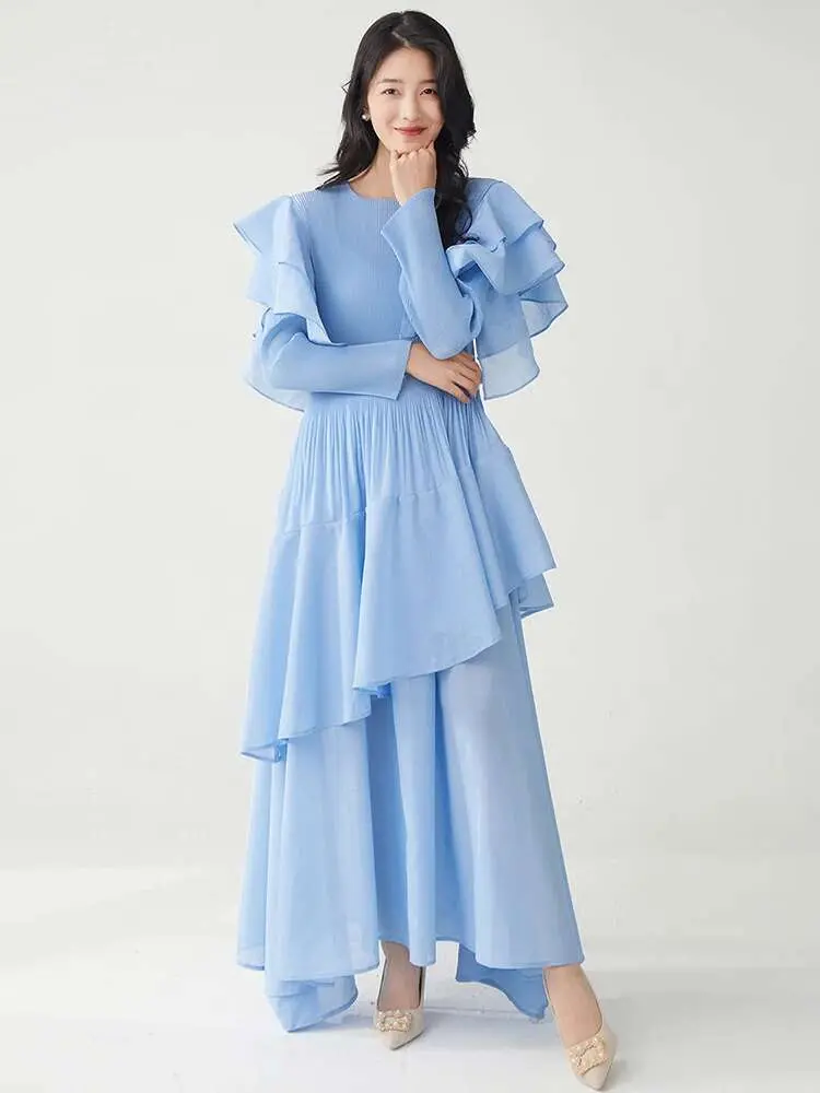 LANMREM Ruffled Pleated Dress For Women Round Neck Long Sleeve Solid Color Elegant Dresses Fashion 2025 Spring Summer New 2DE259