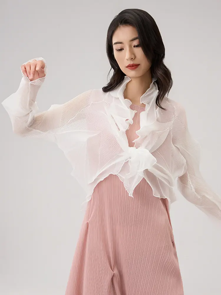 LANMREM Pleated Cardigan Top Women's New 2025 Summer Long Sleeve Semitransparent Sun Protection Shirt Chiffon Outer Cloth DB2830