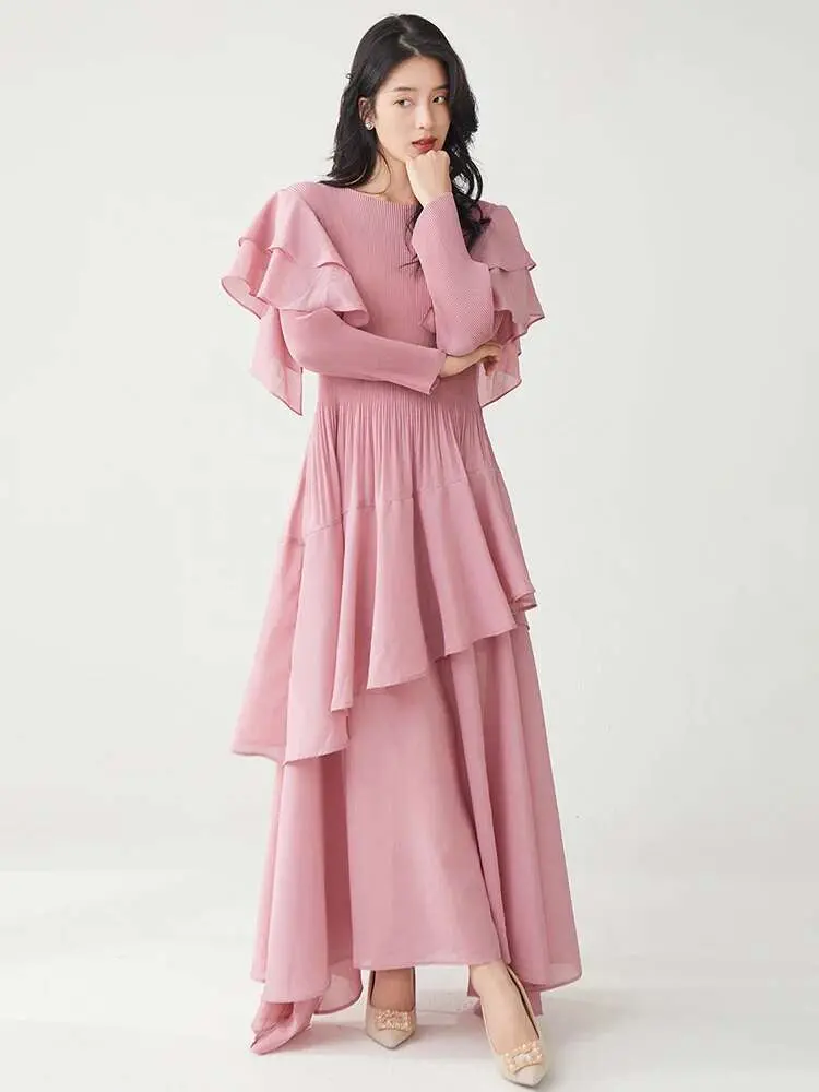 LANMREM Ruffled Pleated Dress For Women Round Neck Long Sleeve Solid Color Elegant Dresses Fashion 2025 Spring Summer New 2DE259