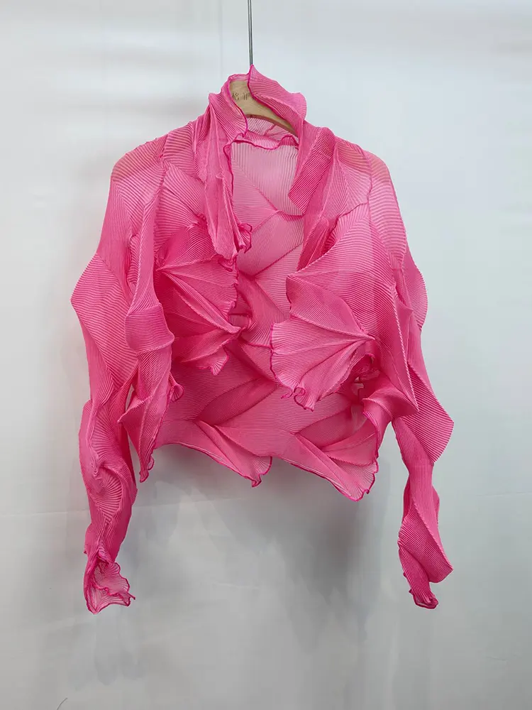 LANMREM Pleated Cardigan Top Women's New 2025 Summer Long Sleeve Semitransparent Sun Protection Shirt Chiffon Outer Cloth DB2830