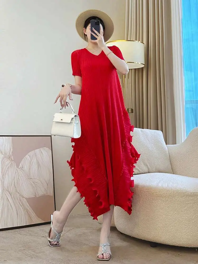 LANMREM Ruffled Patchwork Women's Dress 2025 New Elastic Loose Irregular Pleated Dresses Short Sleeve V Collar Summer Clothing