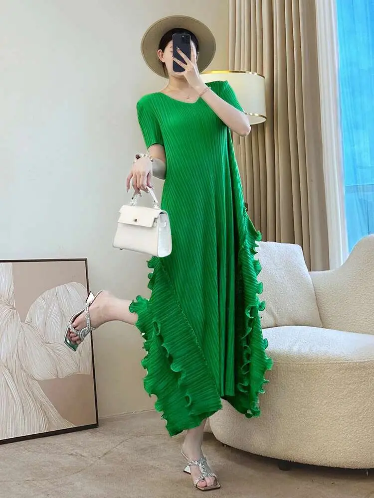 LANMREM Ruffled Patchwork Women's Dress 2025 New Elastic Loose Irregular Pleated Dresses Short Sleeve V Collar Summer Clothing