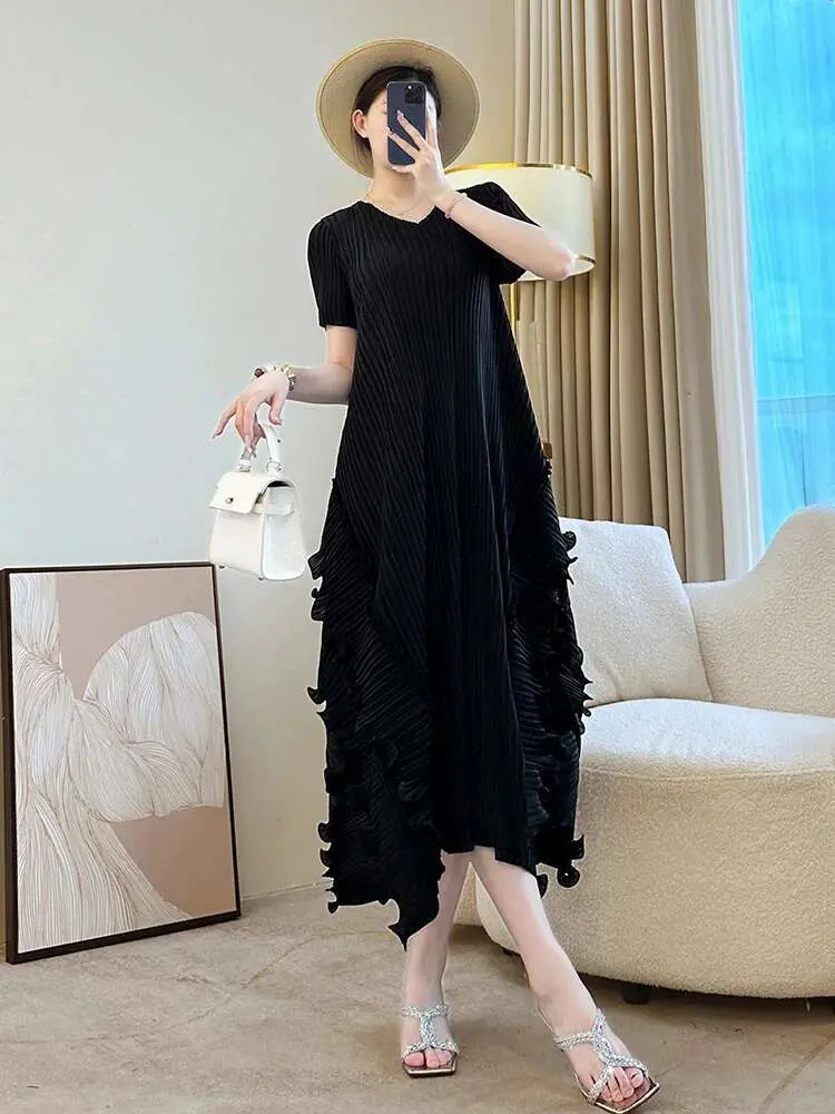 LANMREM Ruffled Patchwork Women's Dress 2025 New Elastic Loose Irregular Pleated Dresses Short Sleeve V Collar Summer Clothing